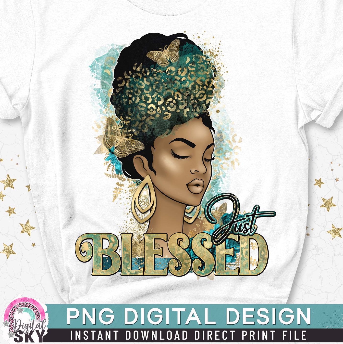 Just Blessed Gold Teal PNG Print File for Sublimation or Print