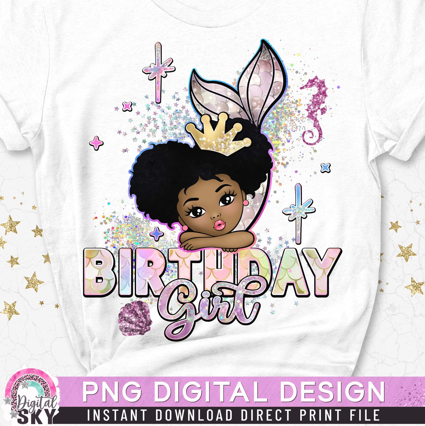 Mermaid Birthday Girl Afro Puff PNG File for Sublimation or Print