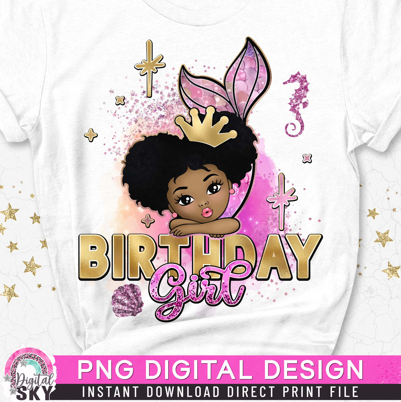 Mermaid Birthday Girl Afro Puff PNG File for Sublimation or Print