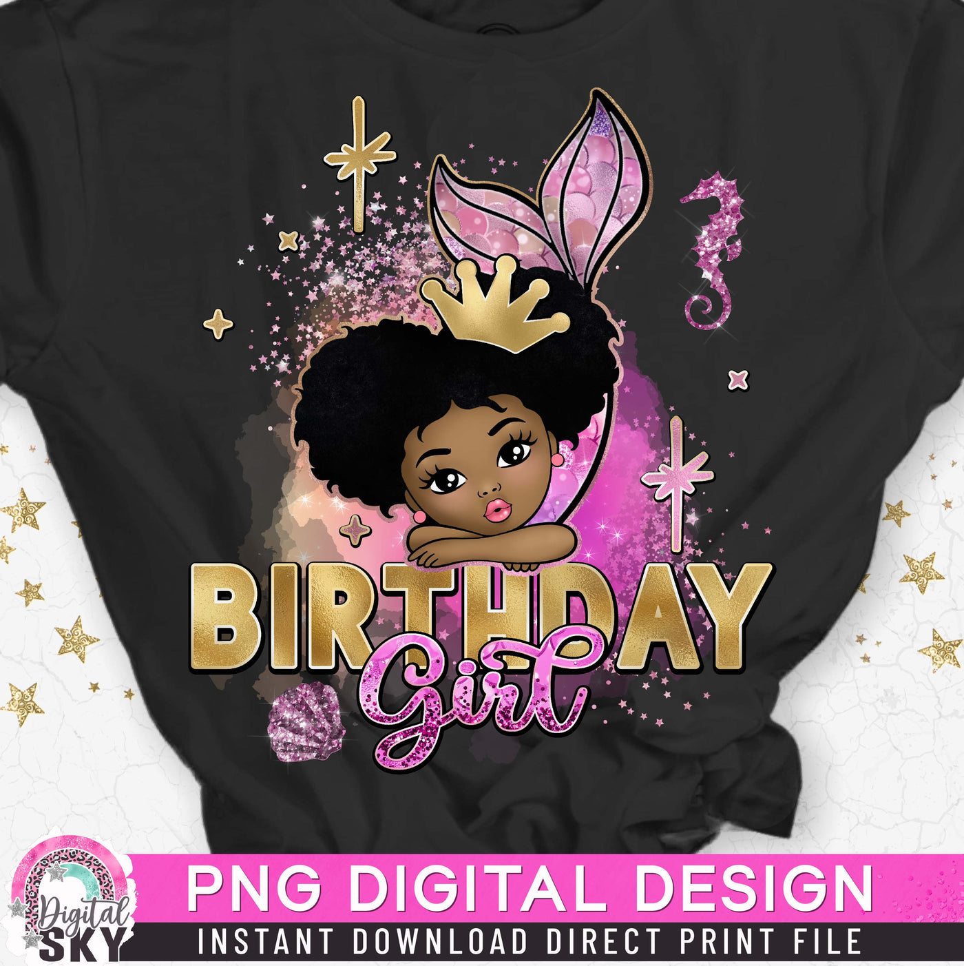 Mermaid Birthday Girl Afro Puff PNG File for Sublimation or Print