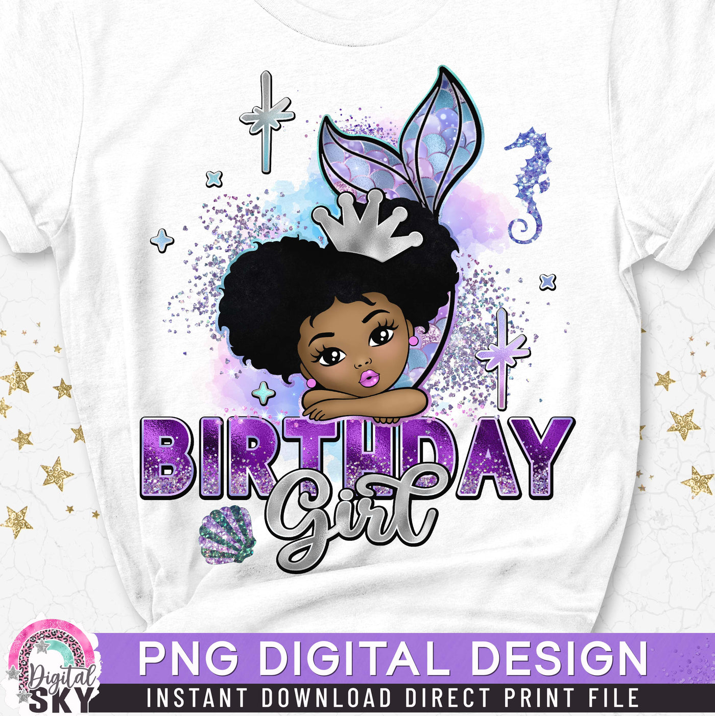 Mermaid Birthday Girl Afro Puff PNG File for Sublimation or Print