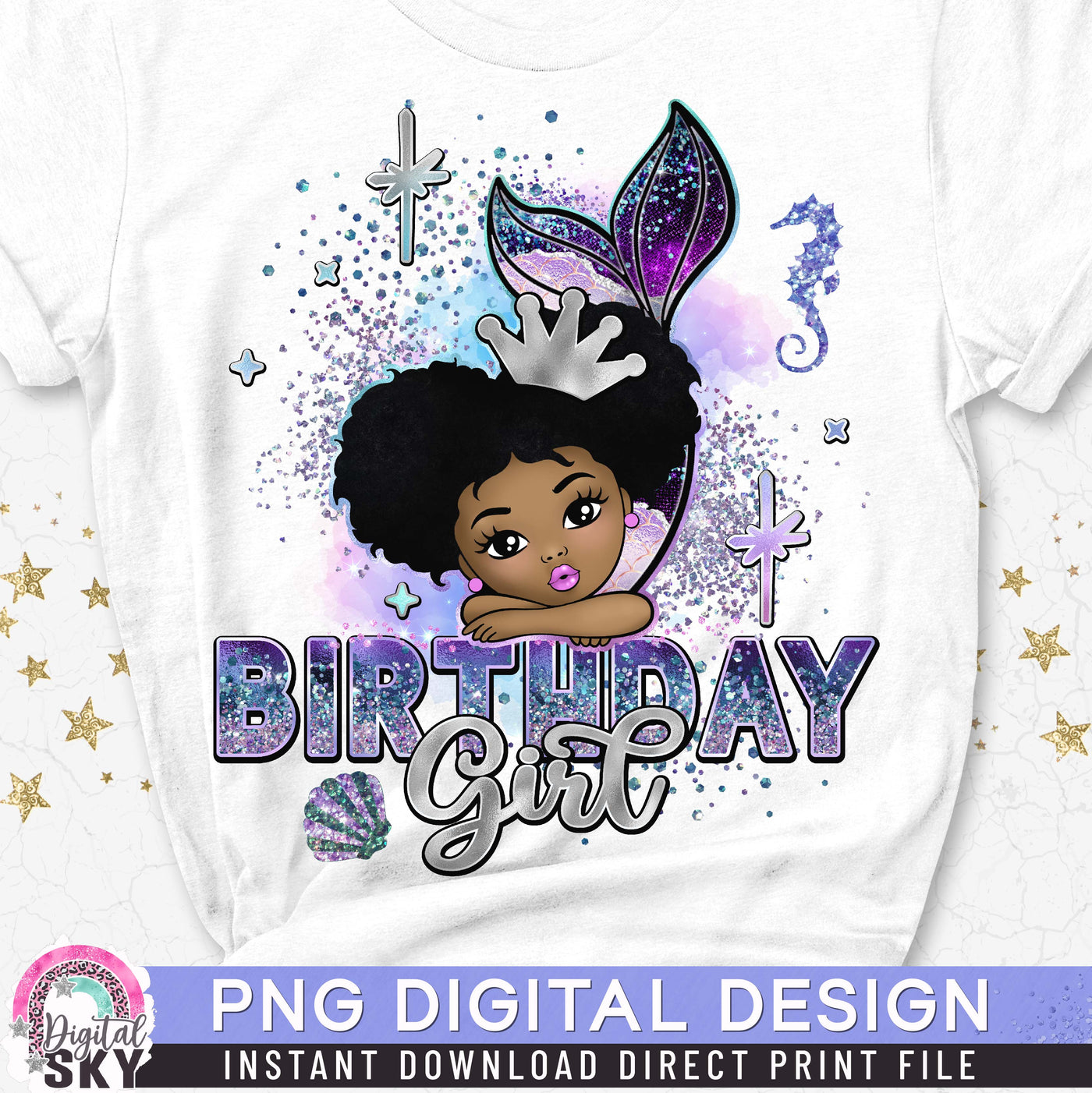 Mermaid Birthday Girl Afro Puff PNG File for Sublimation or Print