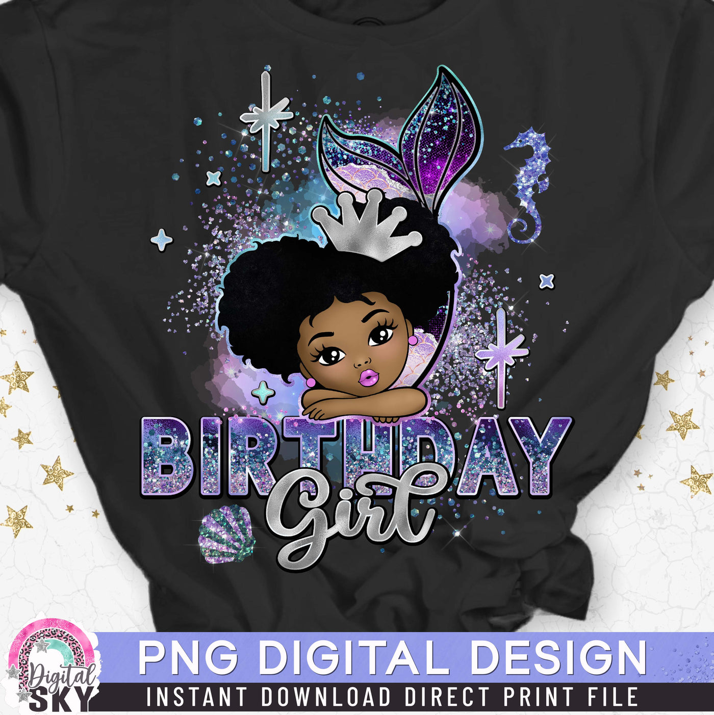 Mermaid Birthday Girl Afro Puff PNG File for Sublimation or Print