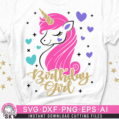 Birthday Girl Unicorn Hearts SVG DXF PNG EPS Cutting Files