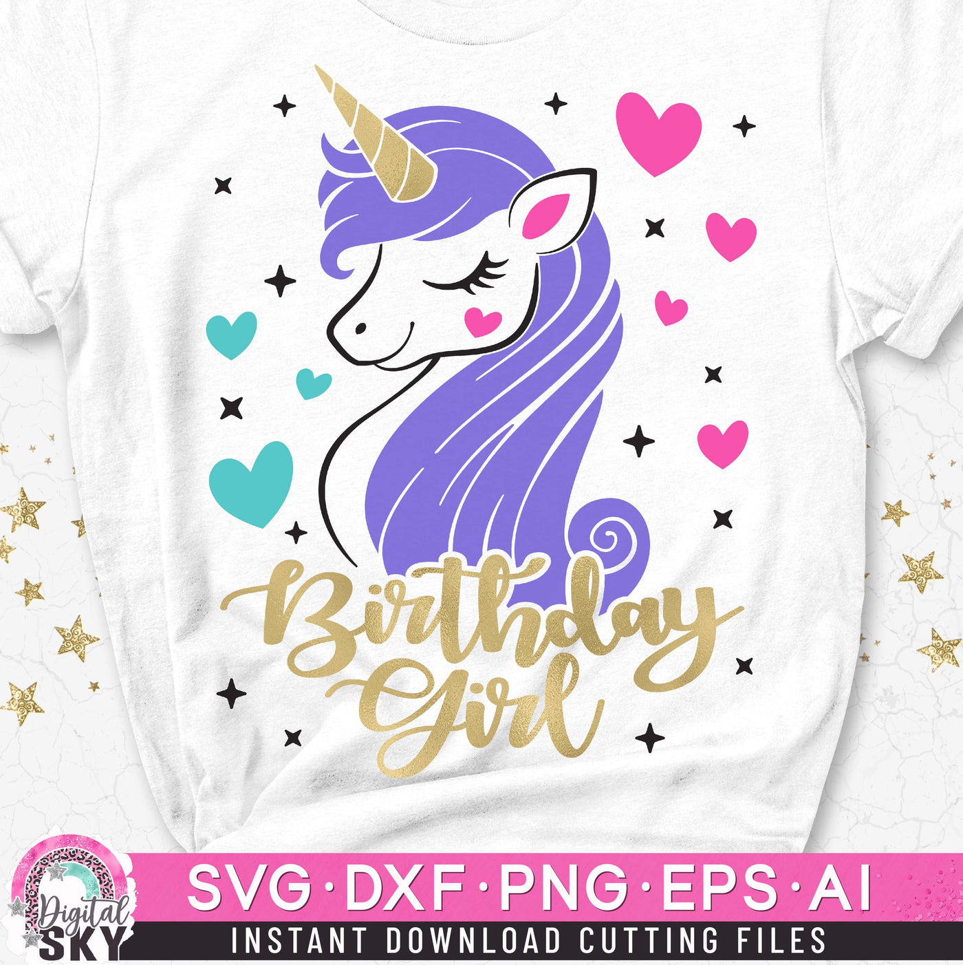 Birthday Girl Unicorn Hearts SVG DXF PNG EPS Cutting Files