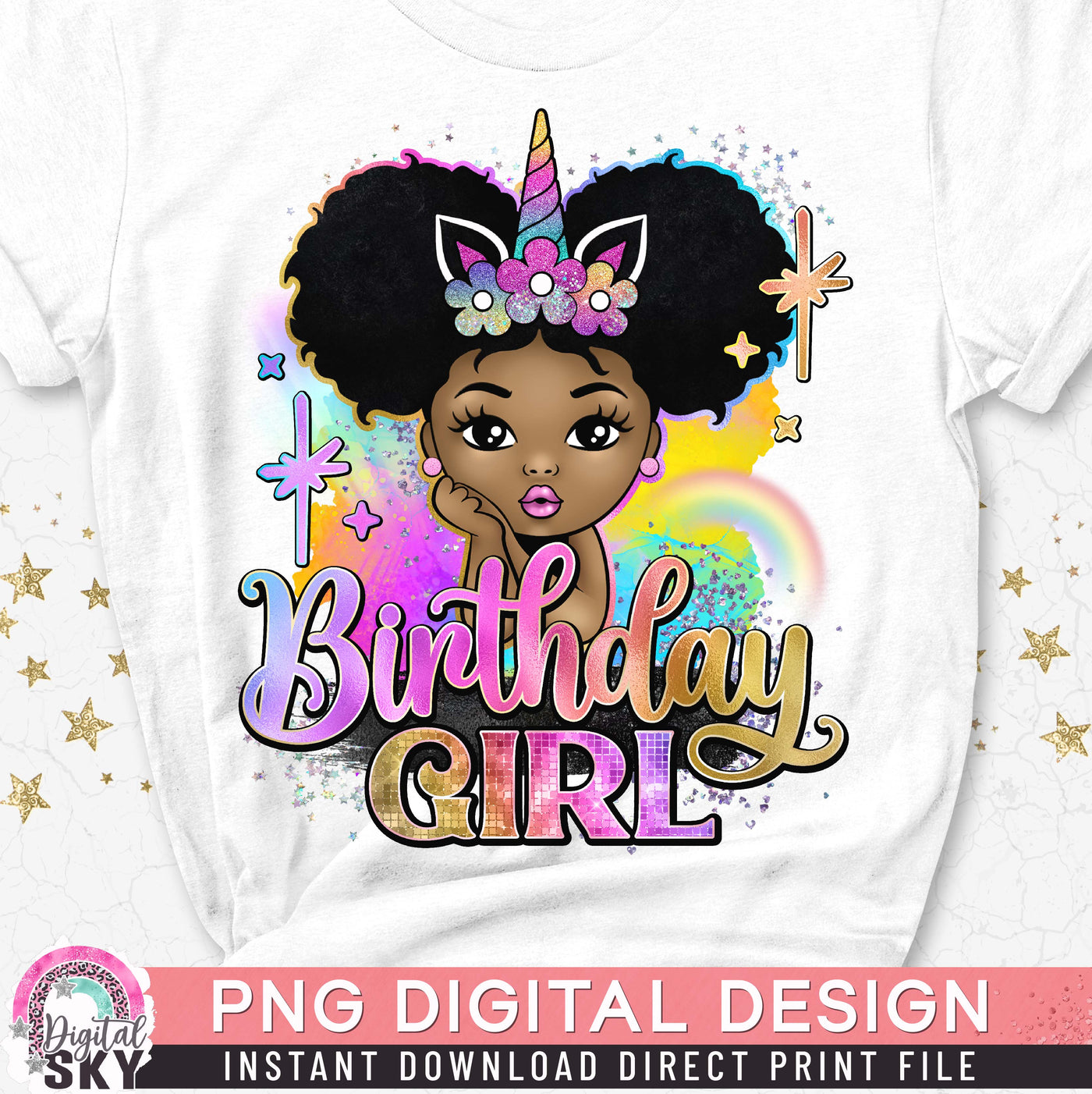 Birthday Girl Afro Puff Unicorn PNG File for Sublimation or Print