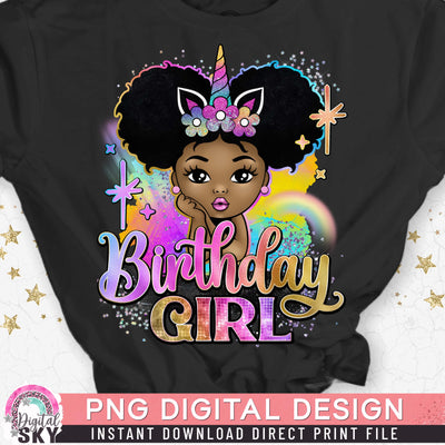 Birthday Girl Afro Puff Unicorn PNG File for Sublimation or Print