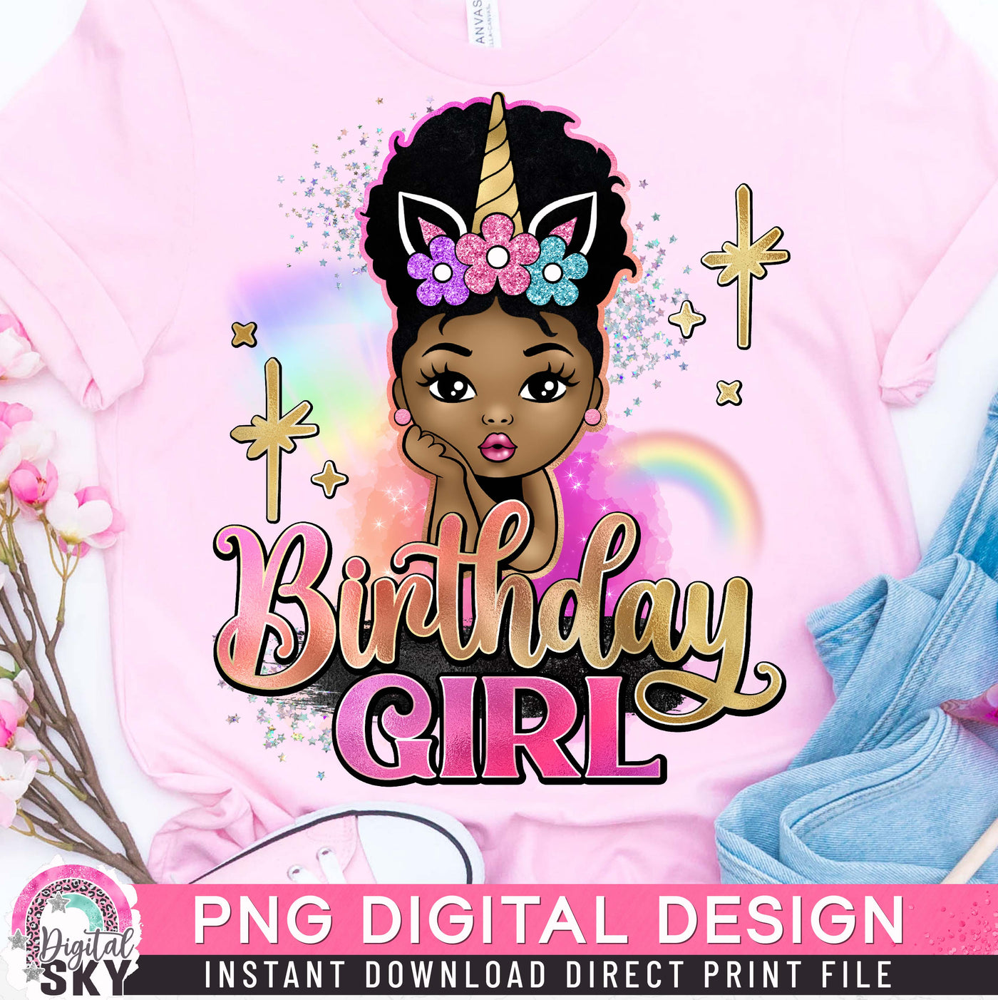 Birthday Girl Afro Puff Unicorn PNG File for Sublimation or Print