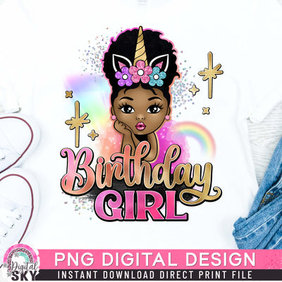 Birthday Girl Afro Puff Unicorn PNG File for Sublimation or Print