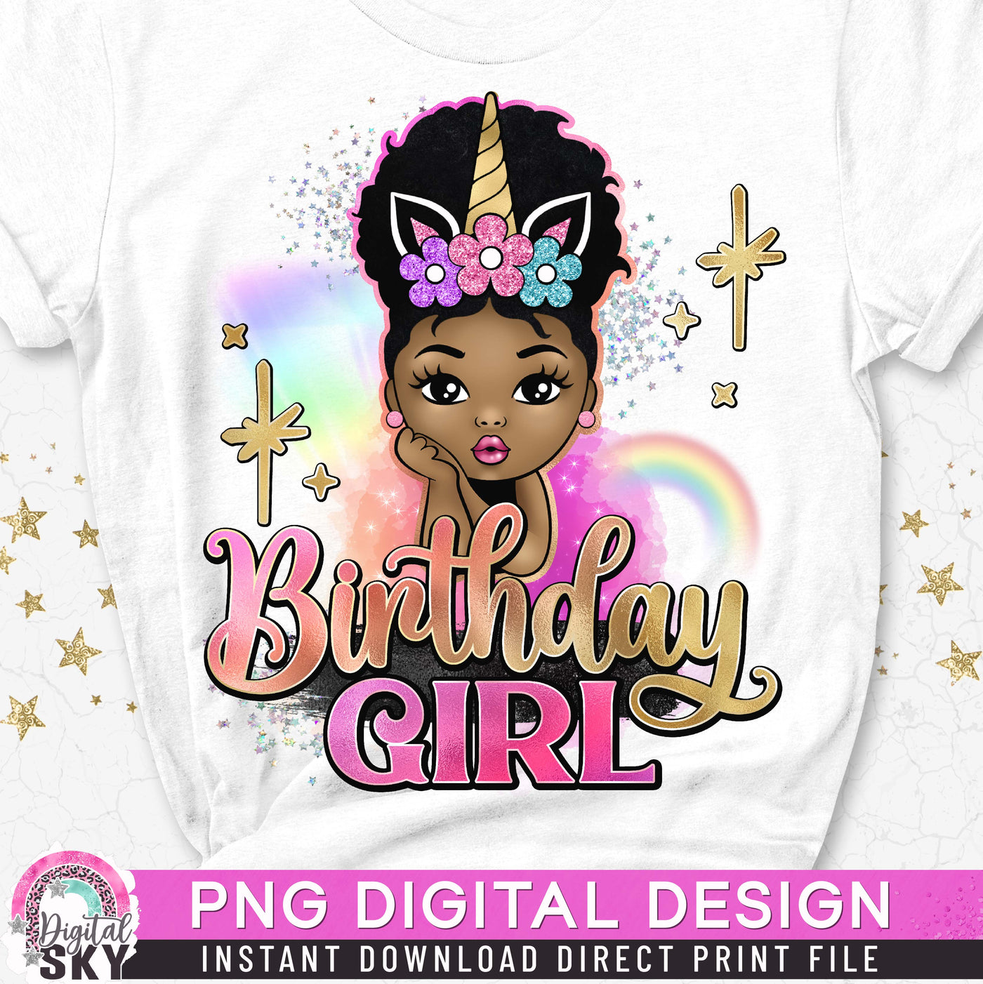 Birthday Girl Afro Puff Unicorn PNG File for Sublimation or Print