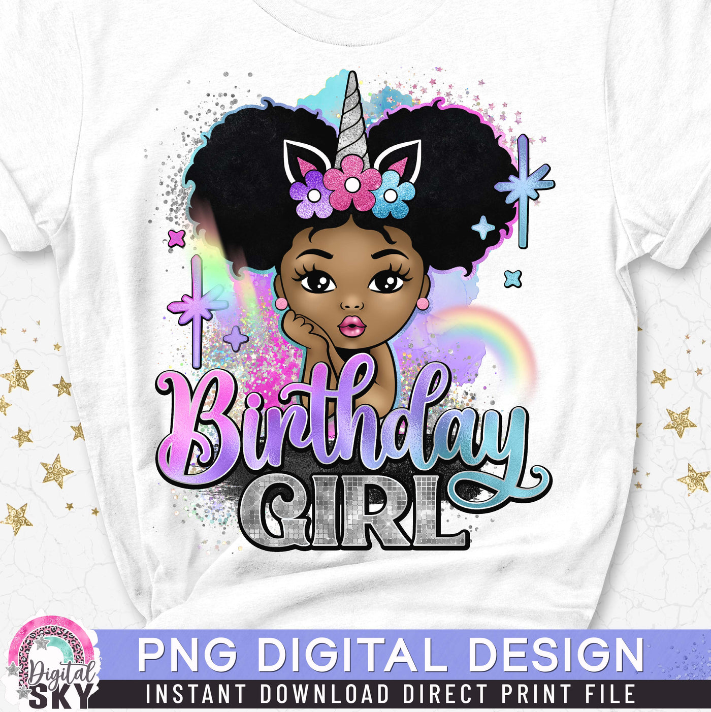 Birthday Girl Puff Afro Unicorn PNG File for Sublimation or Print