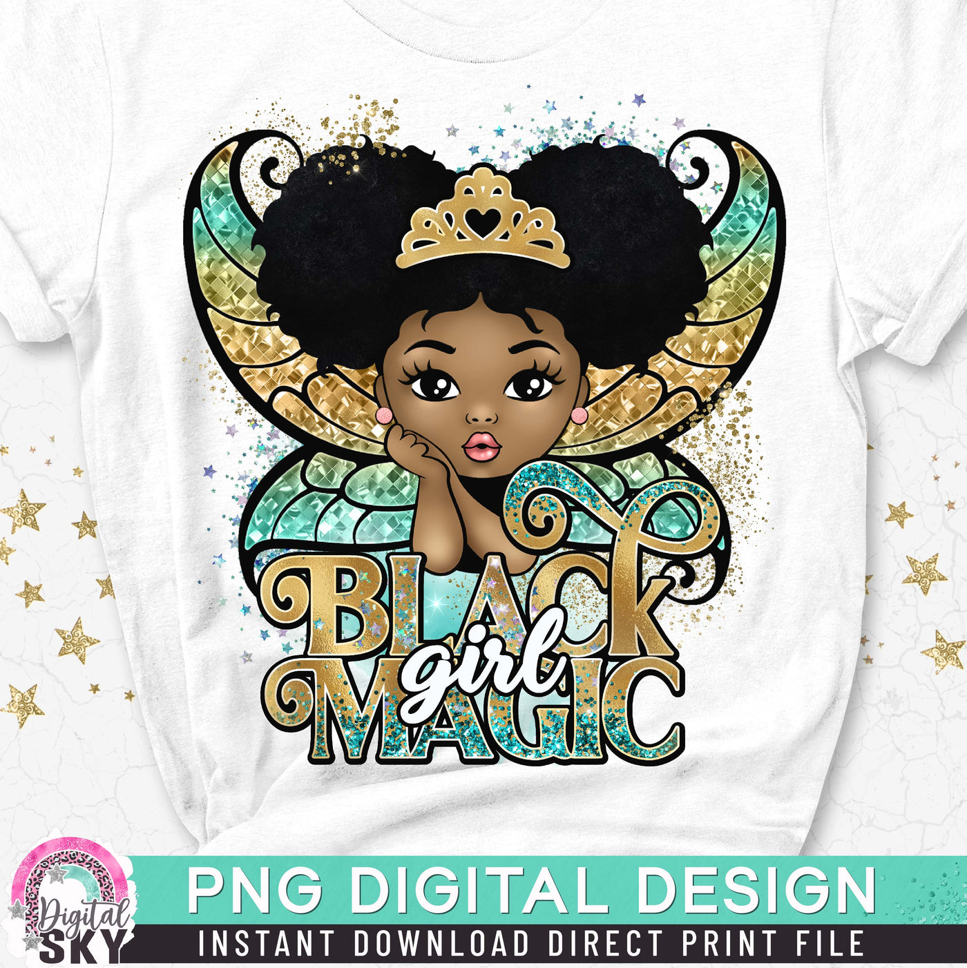 Black Girl Magic Fairy Afro Puff PNG File for Sublimation or Print