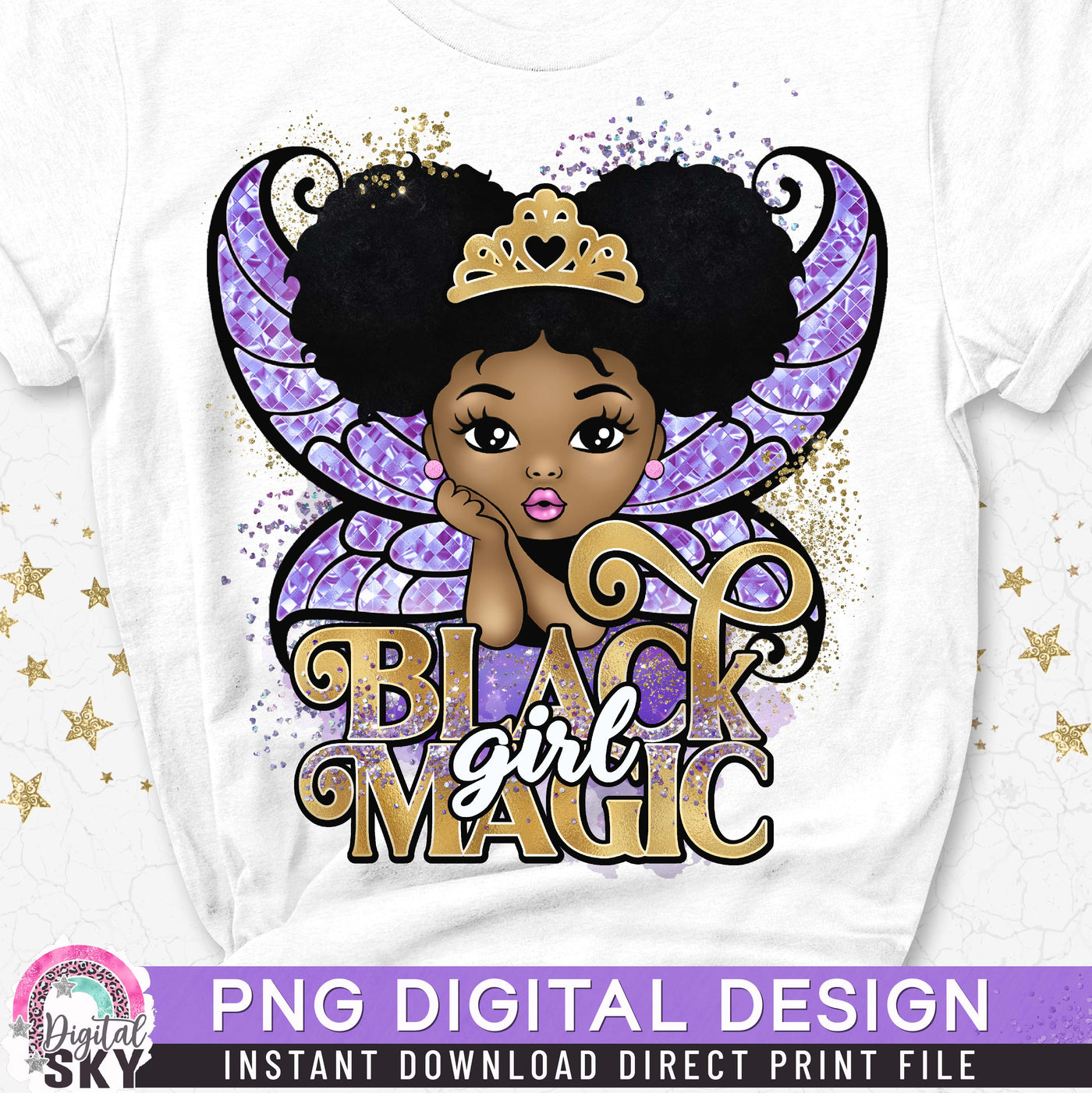 Black Girl Magic Fairy Afro Puff PNG File for Sublimation or Print