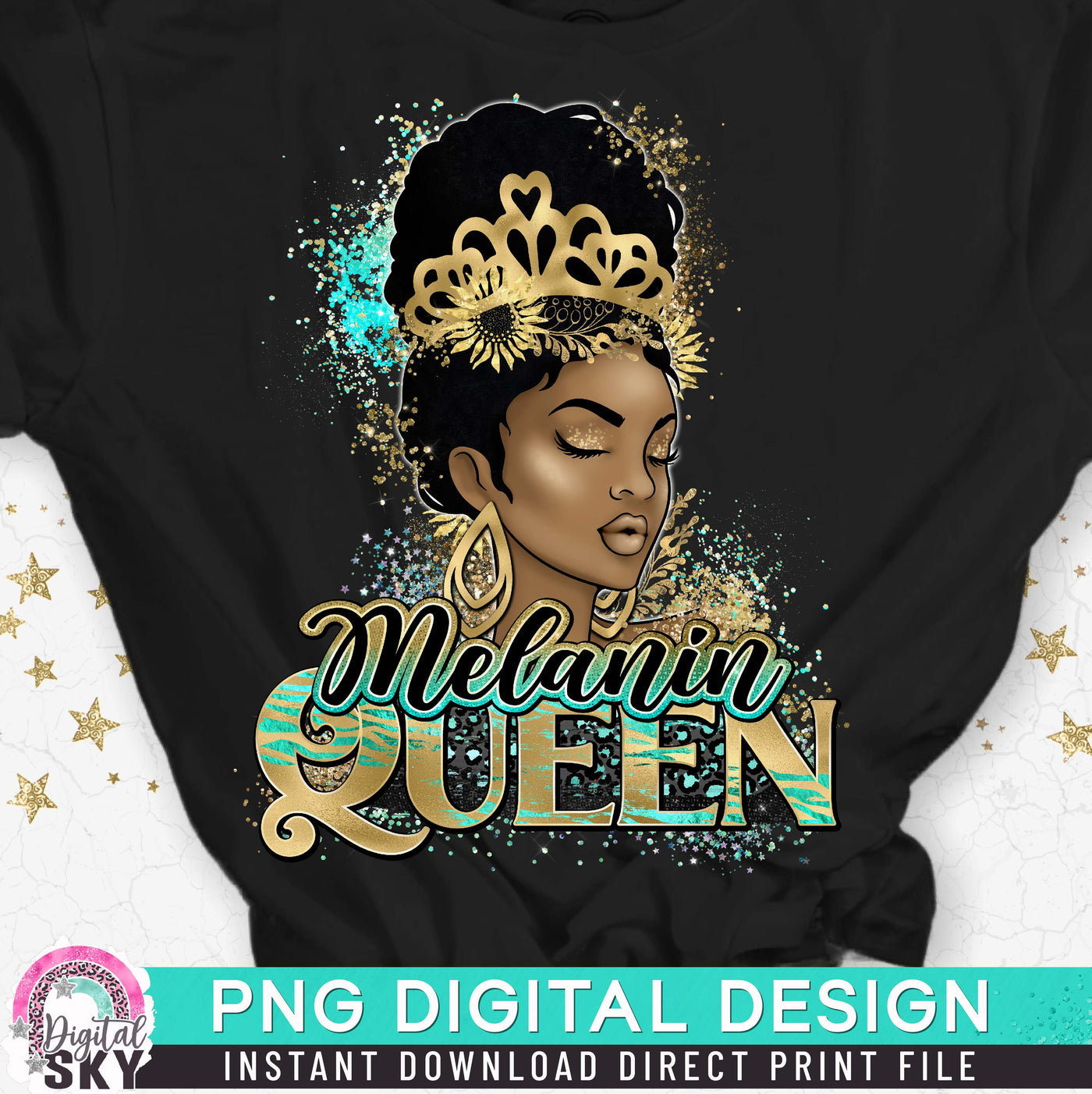 Gold Melanin Queen PNG Afro Print File for Sublimation or Print