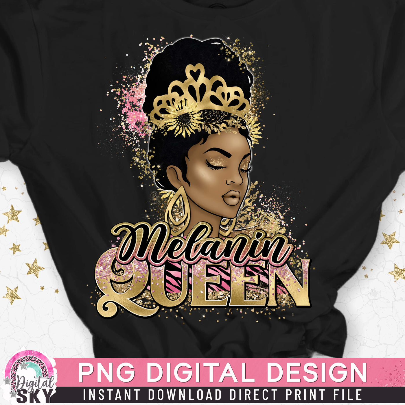 Gold Melanin Queen PNG Afro Print File for Sublimation or Print