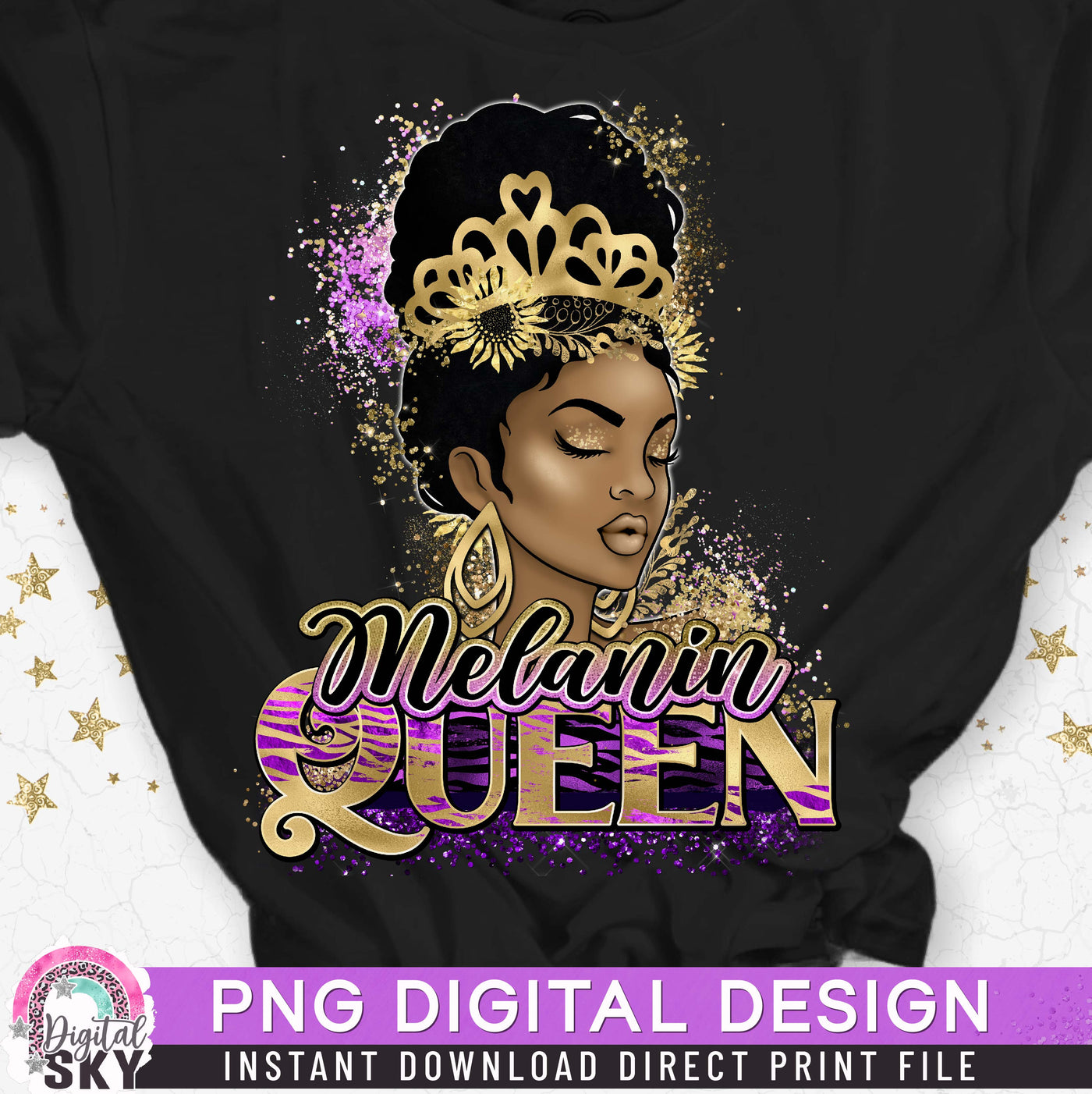 Gold Melanin Queen PNG Afro Print File for Sublimation or Print