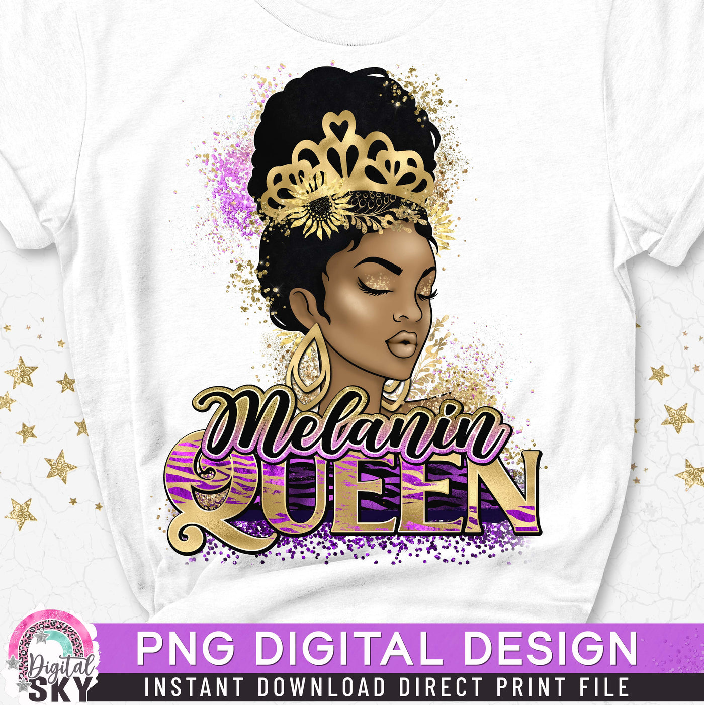 Gold Melanin Queen PNG Afro Print File for Sublimation or Print