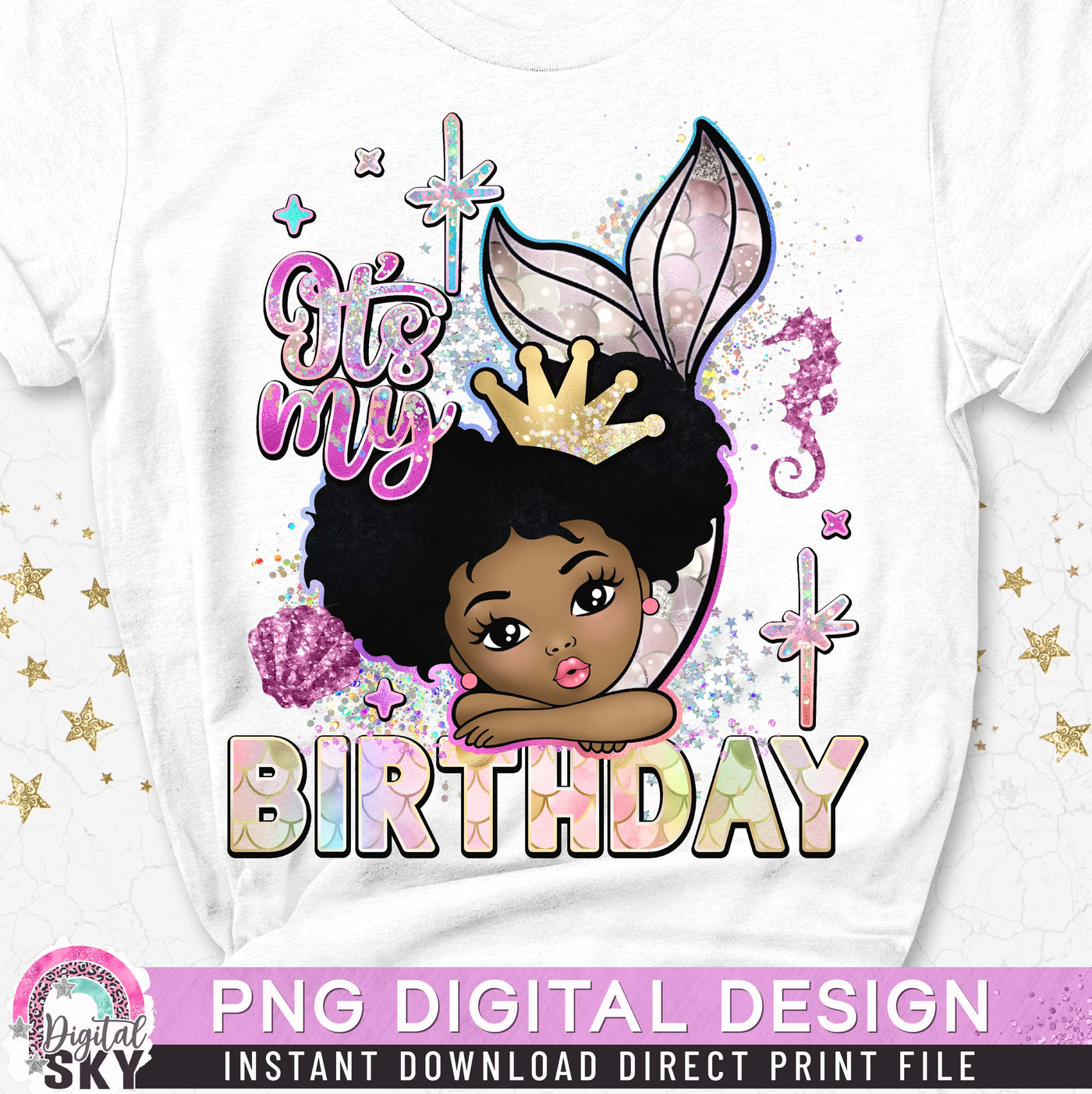 Its My Birthday Mermaid Afro Puff PNG File for Sublimation or Print