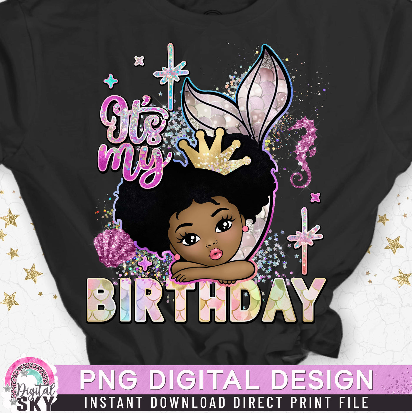 Its My Birthday Mermaid Afro Puff PNG File for Sublimation or Print