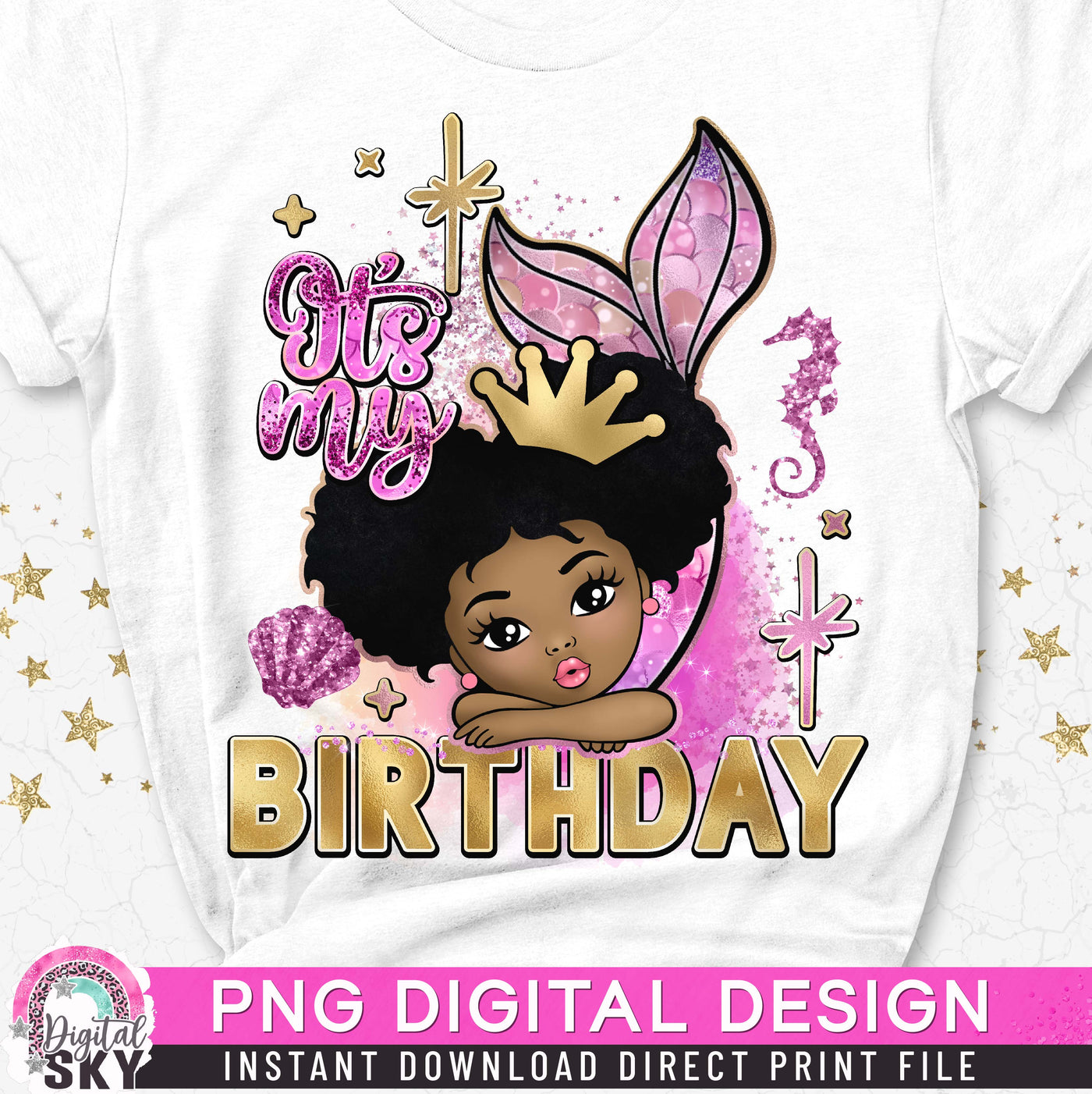 Its My Birthday Mermaid Afro Puff PNG File for Sublimation or Print