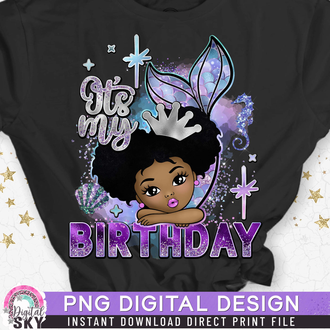 Its My Birthday Mermaid Afro Puff PNG File for Sublimation or Print