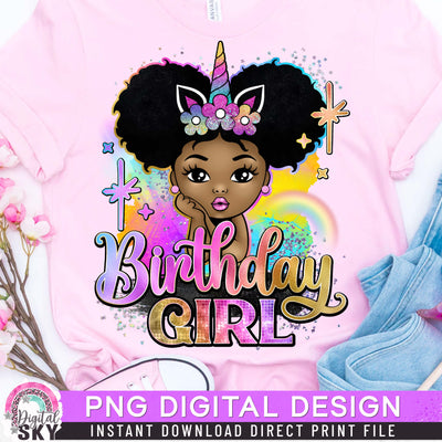 Birthday Girl Afro Puff Unicorn PNG File for Sublimation or Print