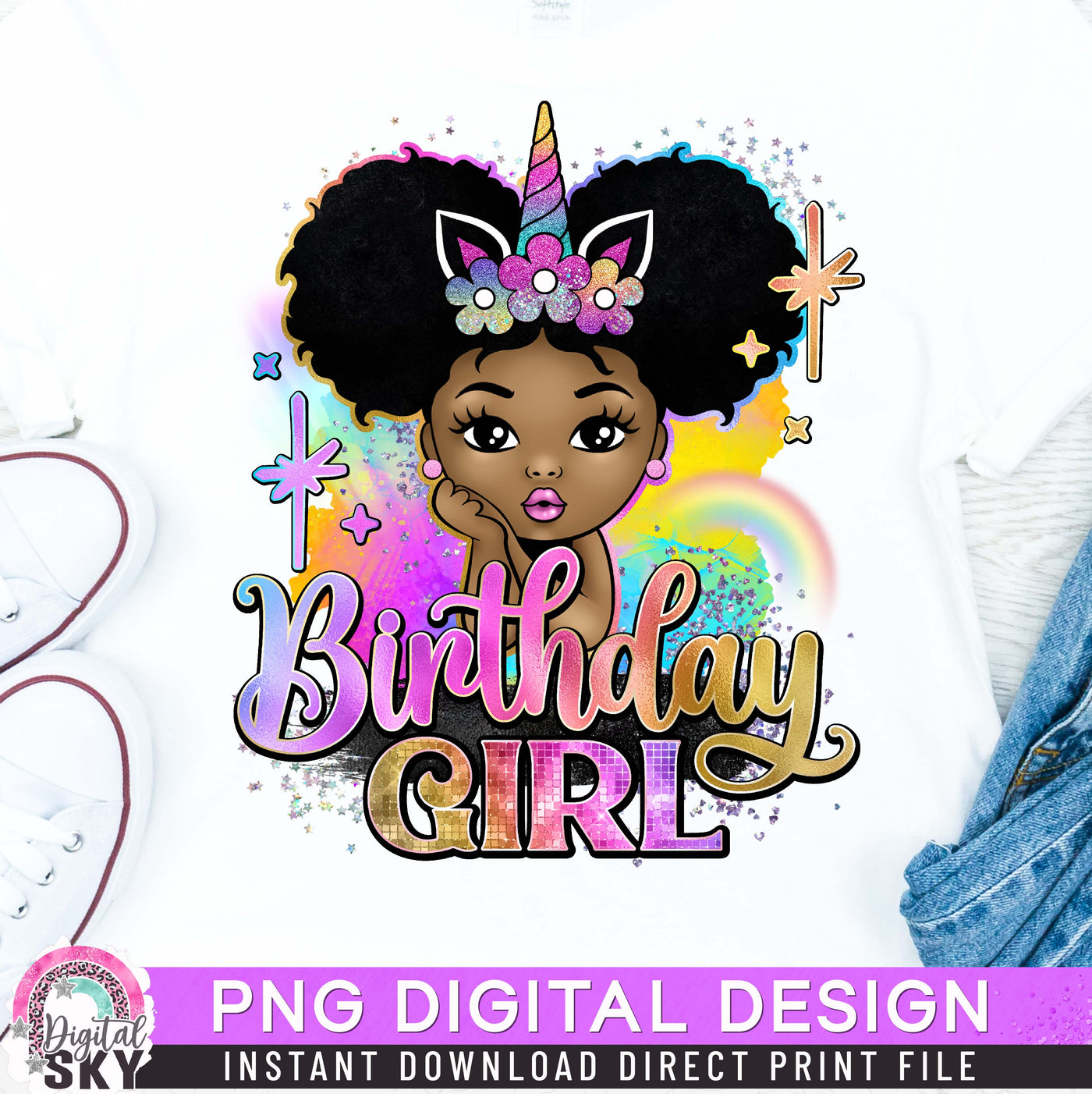 Birthday Girl Afro Puff Unicorn PNG File for Sublimation or Print