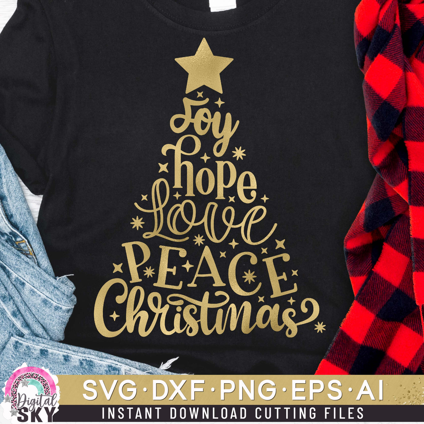 Joy Hope Love Peace Christmas Tree SVG DXF PNG EPS Cutting Files