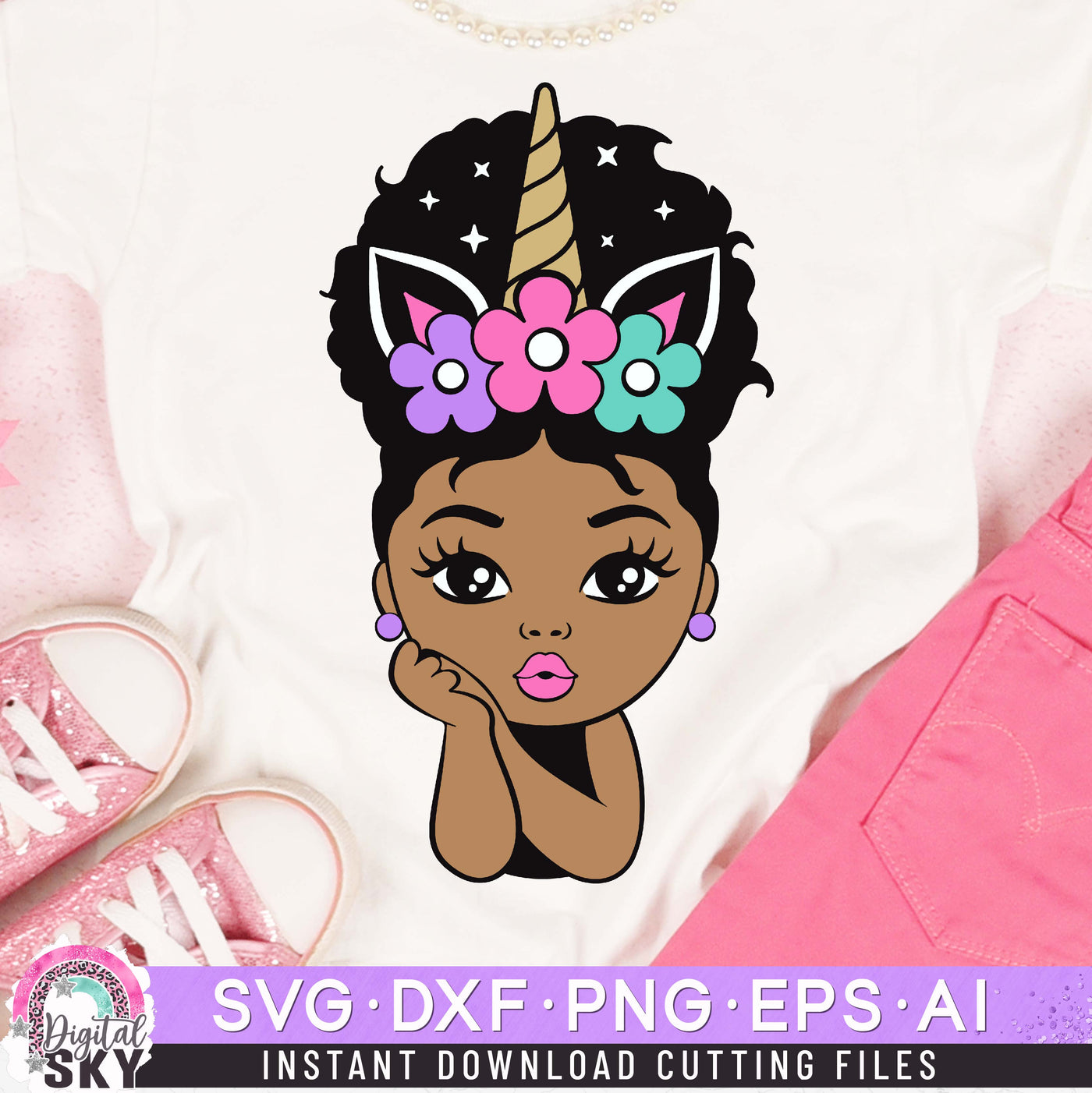 Little Girl Unicorn Afro Puff SVG DXF PNG EPS Cutting Files