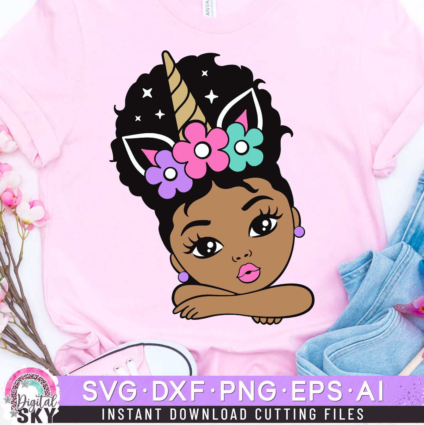 Little Girl Unicorn Afro Puff SVG DXF PNG EPS Cutting Files