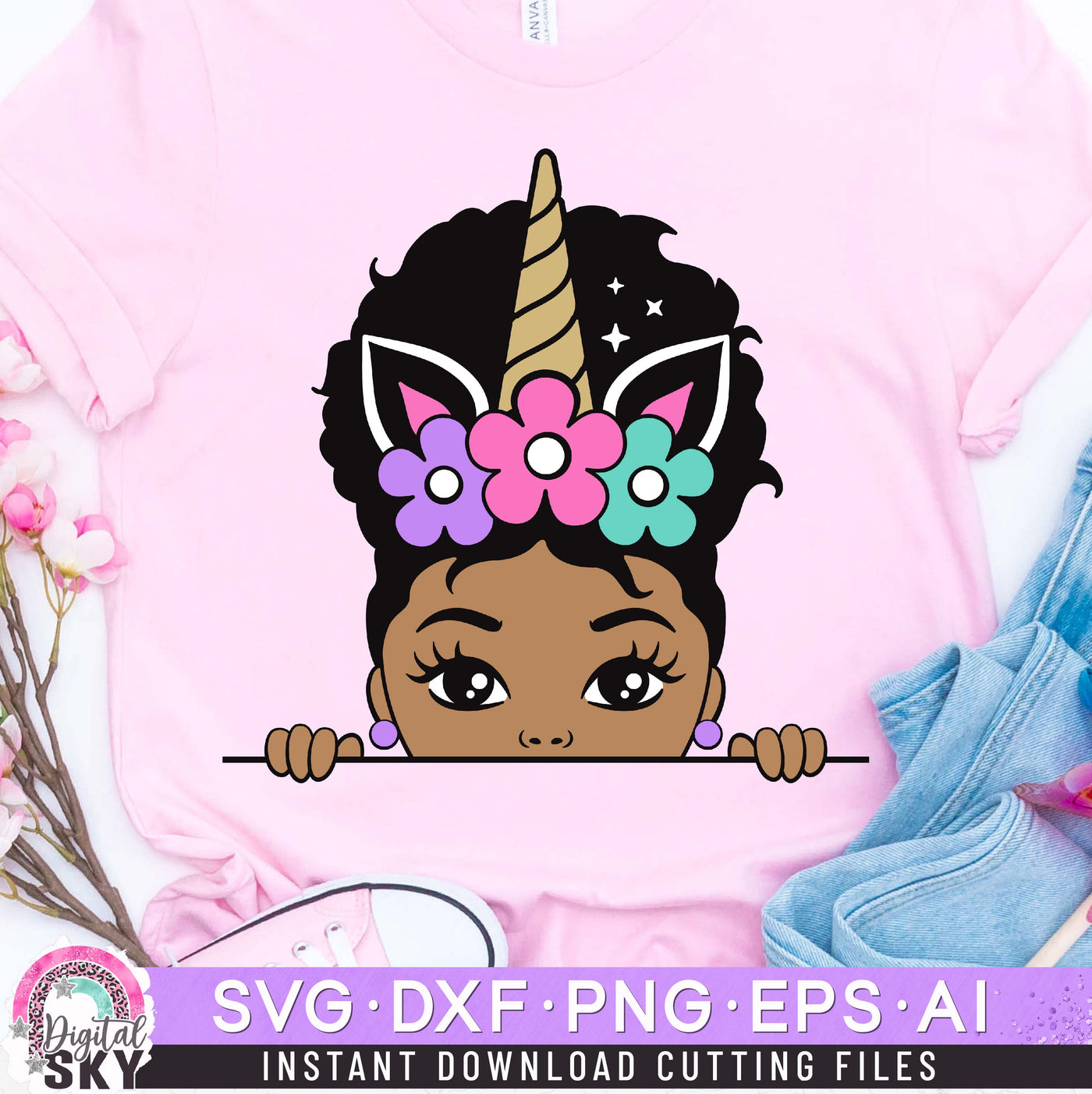 Unicorn Afro Puff Little Girl SVG DXF PNG EPS Cutting Files