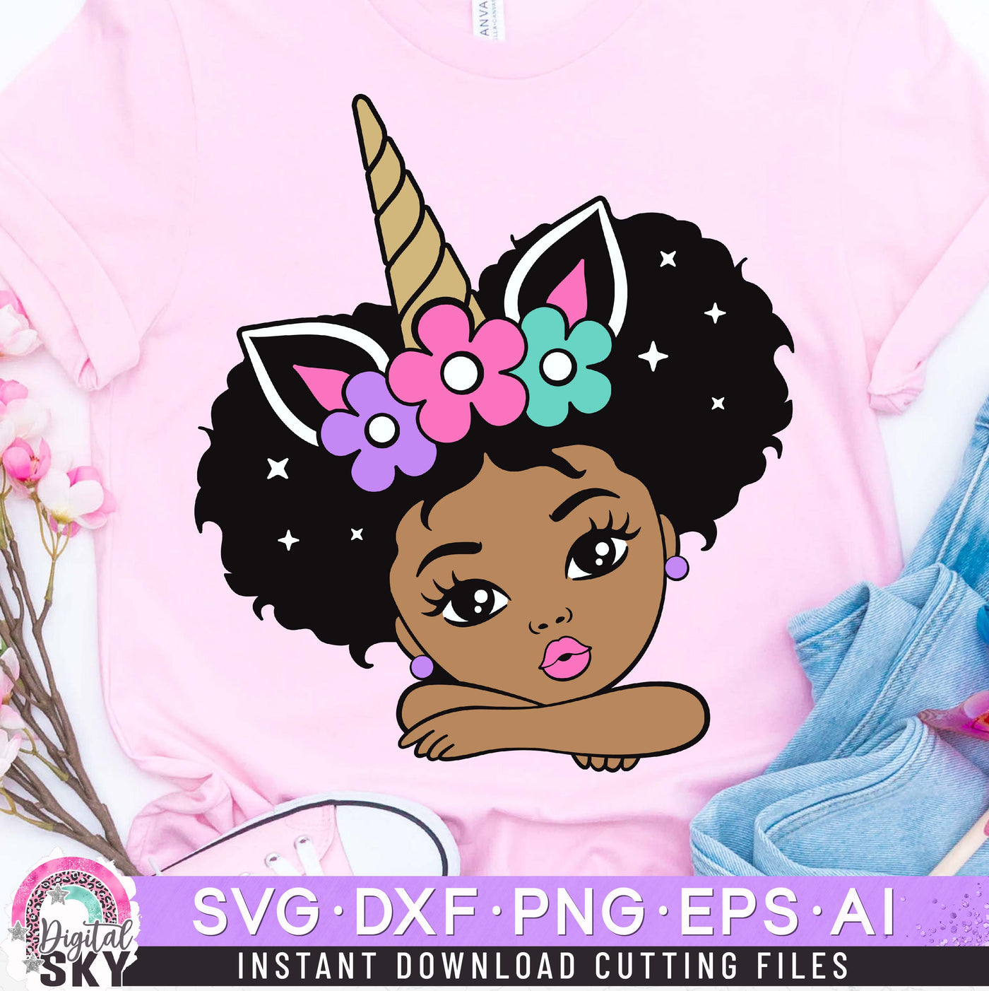 Little Girl Unicorn Afro Puff SVG DXF PNG EPS Cutting Files