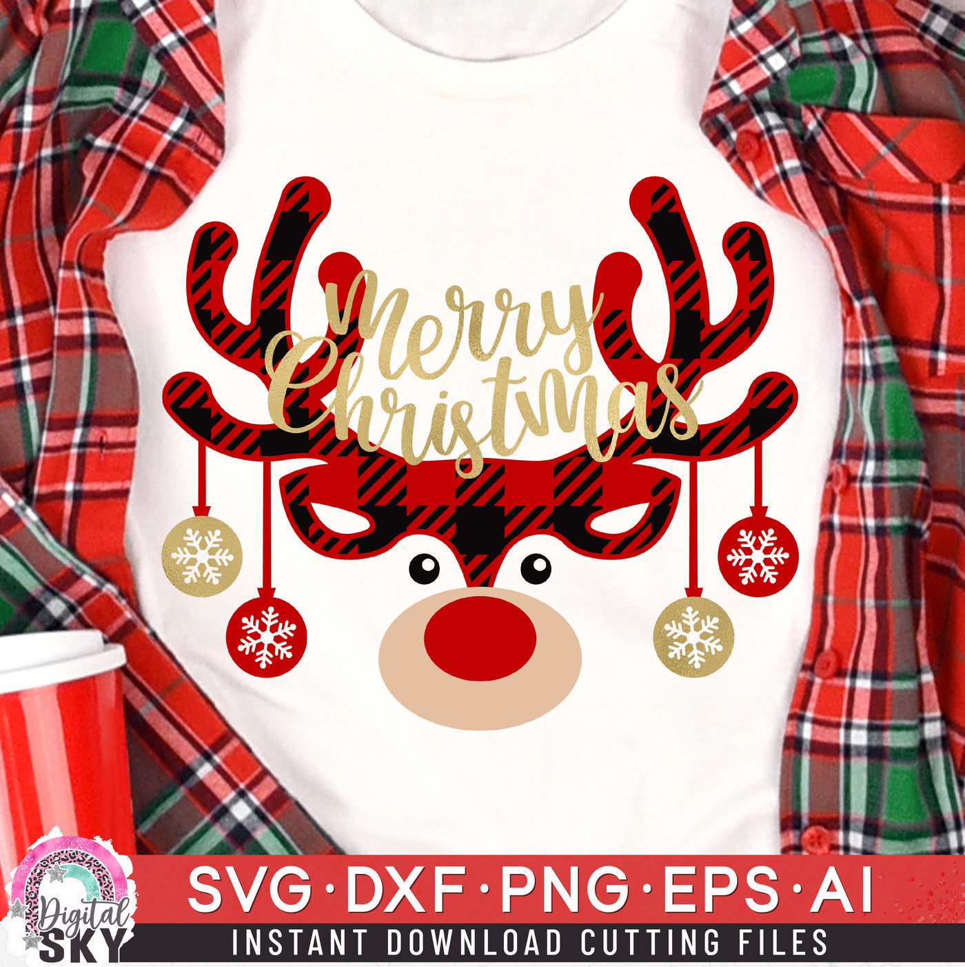 Merry Christmas Plaid Reindeer SVG DXF PNG EPS Cutting Files